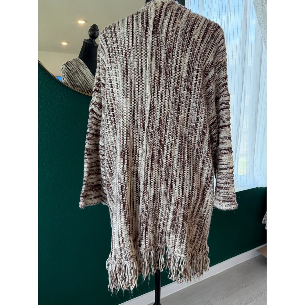POL Open Front Cardigan Sweater Womens M Brown Cream Space Dye Fringe Boho - Picture 3 of 7